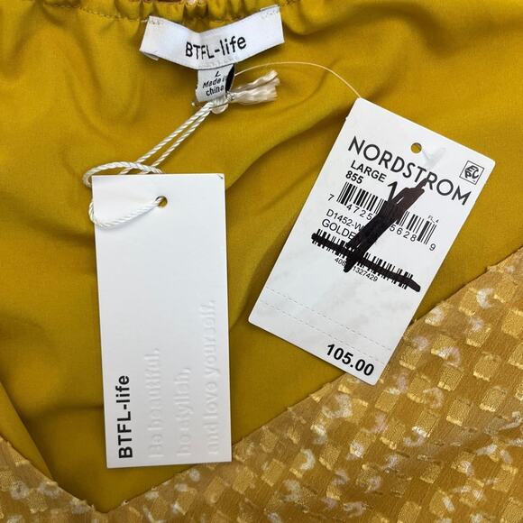 BTFL-Life Gold Long Sleeve Mini Dress Size L Ruffle Waist Lined Nordstrom NWT - Picture 8 of 11